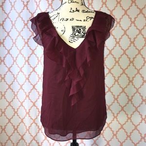 EUC Apostrophe Wine Colored Crepe Ruffle Top